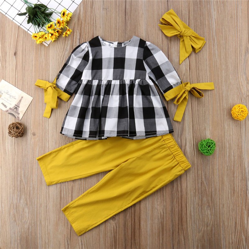 Newborn Kids Baby Girl Long Sleeve Plaid Tops Shirt Pants 3Pcs Outfits Clothes - ebowsos