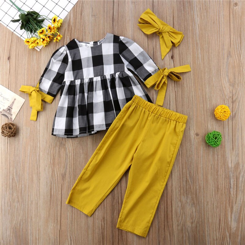 Newborn Kids Baby Girl Long Sleeve Plaid Tops Shirt Pants 3Pcs Outfits Clothes - ebowsos