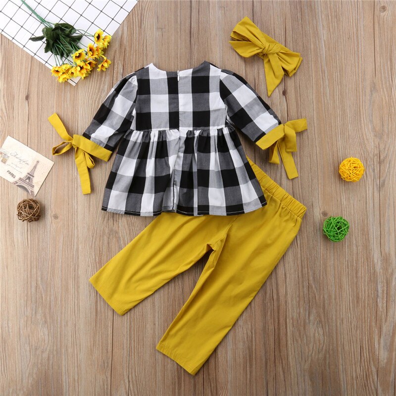 Newborn Kids Baby Girl Long Sleeve Plaid Tops Shirt Pants 3Pcs Outfits Clothes - ebowsos