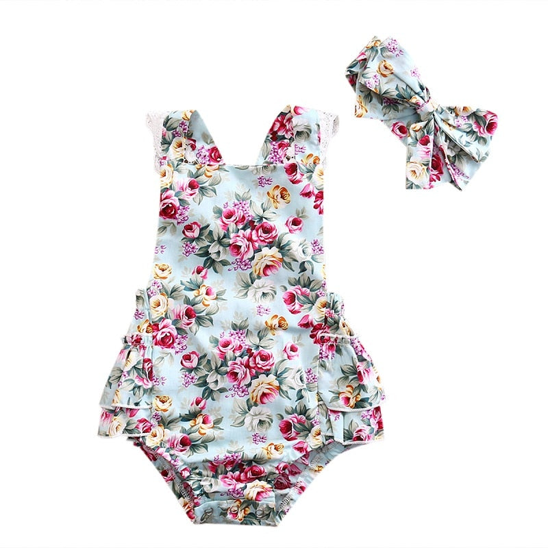 Newborn Kids Baby Girl Romper Clothes Floral printed Outfits Set Lace sleeveless Jumpsuit Romper+Headband Playsuit 0-24M - ebowsos