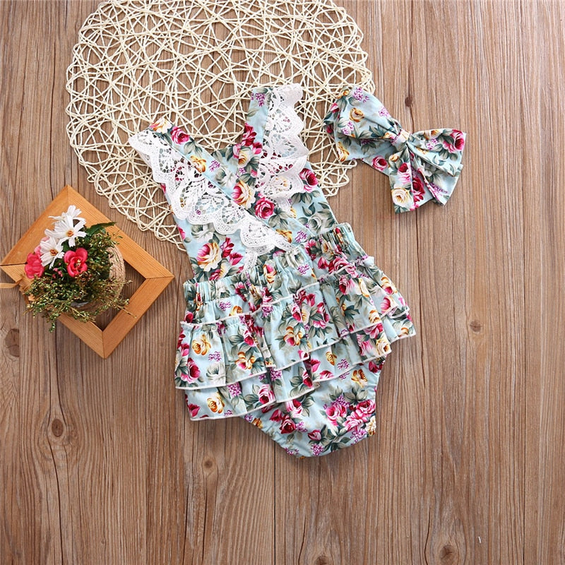 Newborn Kids Baby Girl Romper Clothes Floral printed Outfits Set Lace sleeveless Jumpsuit Romper+Headband Playsuit 0-24M - ebowsos