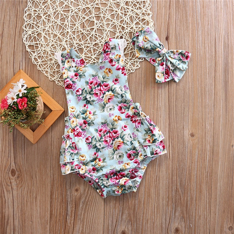 Newborn Kids Baby Girl Romper Clothes Floral printed Outfits Set Lace sleeveless Jumpsuit Romper+Headband Playsuit 0-24M - ebowsos