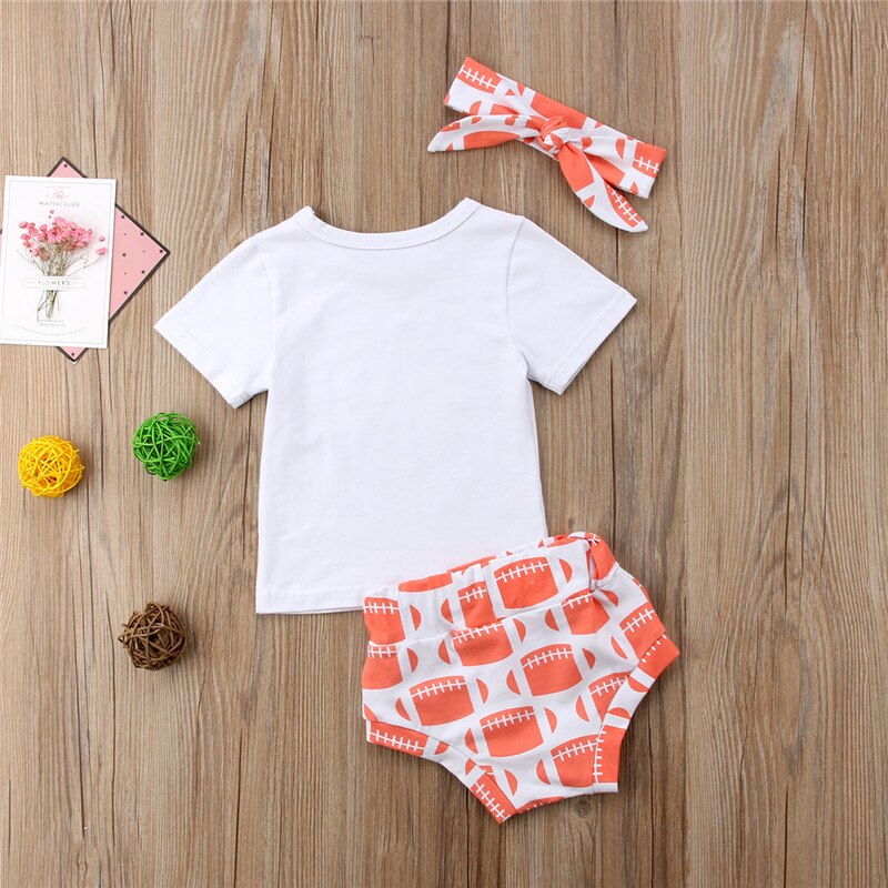 Newborn Kids Baby Girl Rugby Print Outfits Tops Short Sleeve T-shirt+triangle Shorts+Headband 3Pcs Summer Clothes Girls Clothing - ebowsos