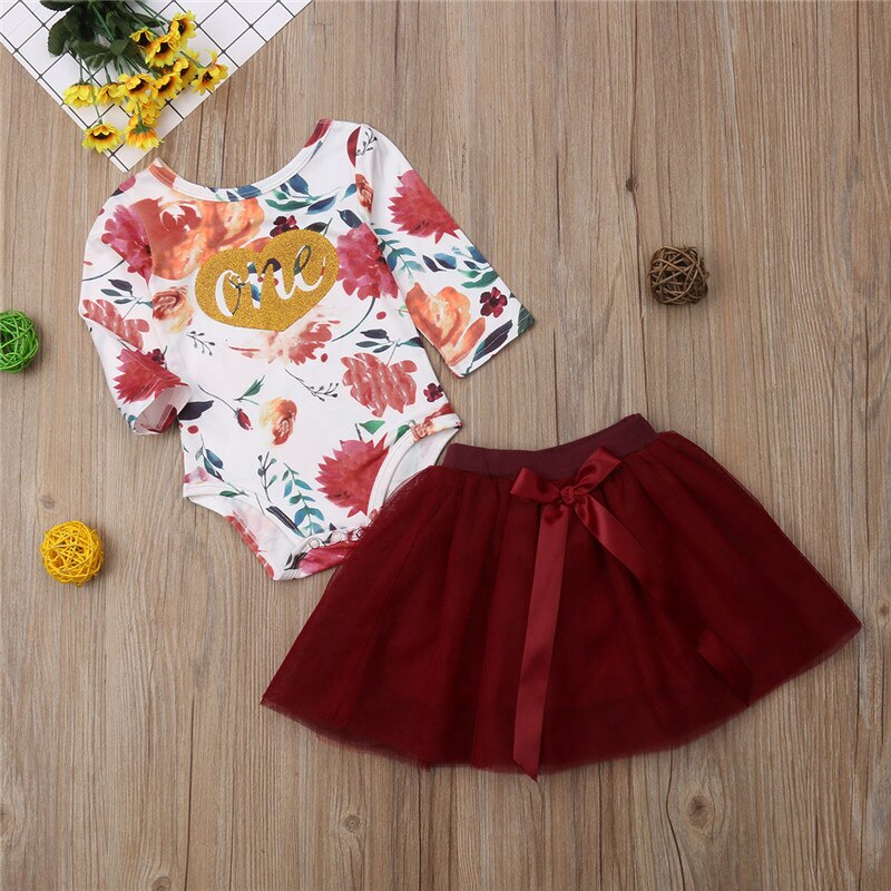 Newborn Kids Baby Girls Floral Rompers+Bow Tulle Tutu Mini Skirts Dress 2pcs Outfits Set - ebowsos