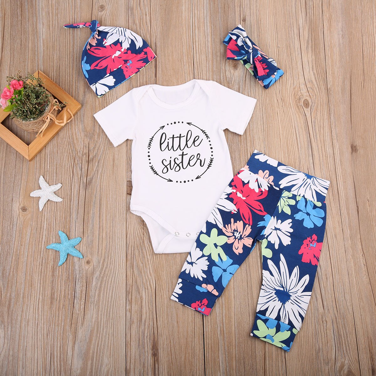 Newborn Short Sleeve Baby Girl Romper T-shirt Tops+Floral Pants 4pcs Outfits Set - ebowsos