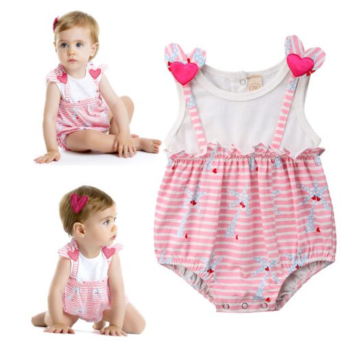 Newborn Summer Baby Girl Clothes Love Cute Cotton Romper Stripe Sleeveless Jumpsuit Playsuit  Outfits Set - ebowsos