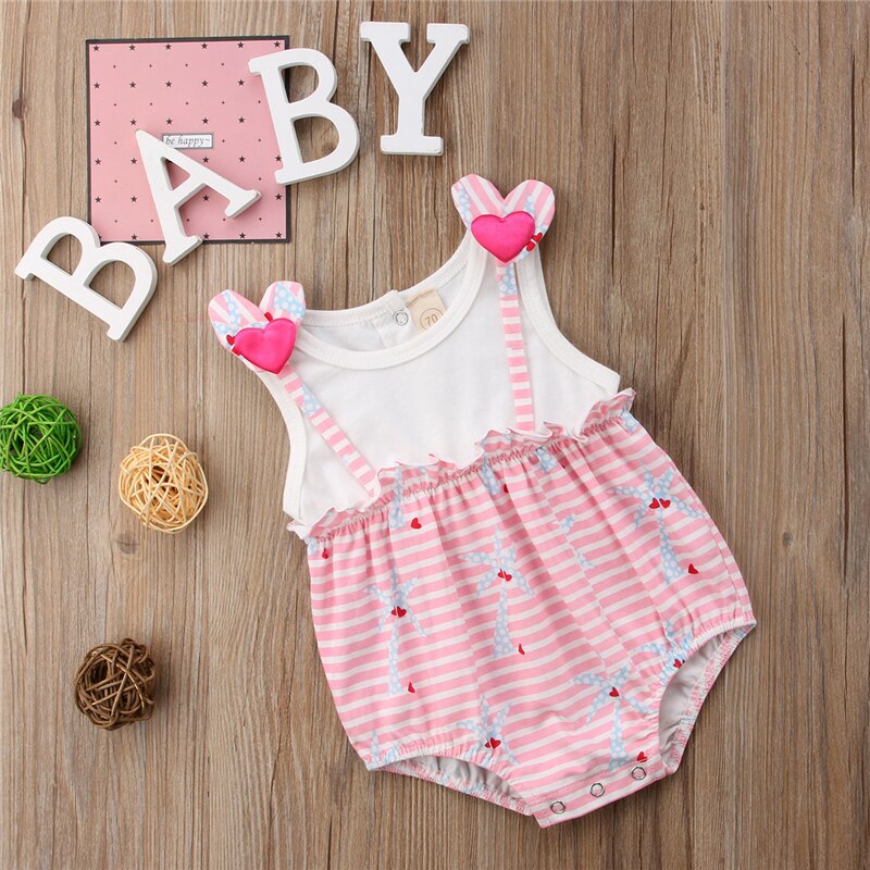 Newborn Summer Baby Girl Clothes Love Cute Cotton Romper Stripe Sleeveless Jumpsuit Playsuit  Outfits Set - ebowsos