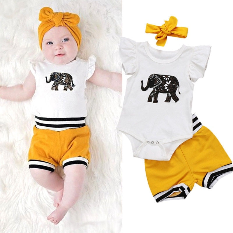 Newborn Summer Children Clothing Baby Girls Cartoon Elephant Clothes Tops Shorts Bottoms Outfits Set - ebowsos