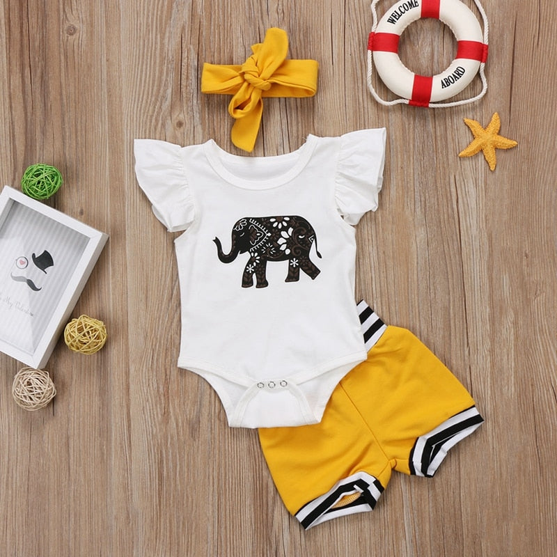 Newborn Summer Children Clothing Baby Girls Cartoon Elephant Clothes Tops Shorts Bottoms Outfits Set - ebowsos