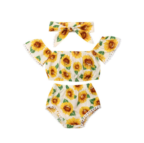 Newborn Sunflower Outfits Clothes T-shirt Tops+Shorts Headband 3PCS Sets - ebowsos