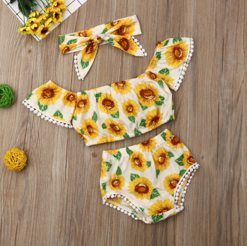 Newborn Sunflower Outfits Clothes T-shirt Tops+Shorts Headband 3PCS Sets - ebowsos