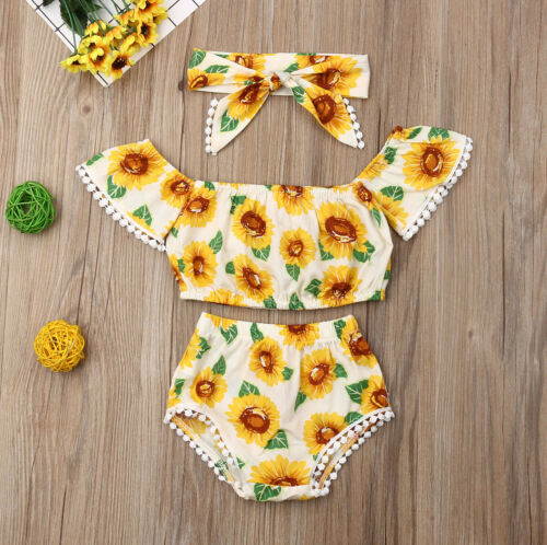 Newborn Sunflower Outfits Clothes T-shirt Tops+Shorts Headband 3PCS Sets - ebowsos