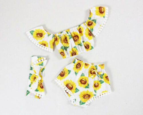 Newborn Sunflower Outfits Clothes T-shirt Tops+Shorts Headband 3PCS Sets - ebowsos