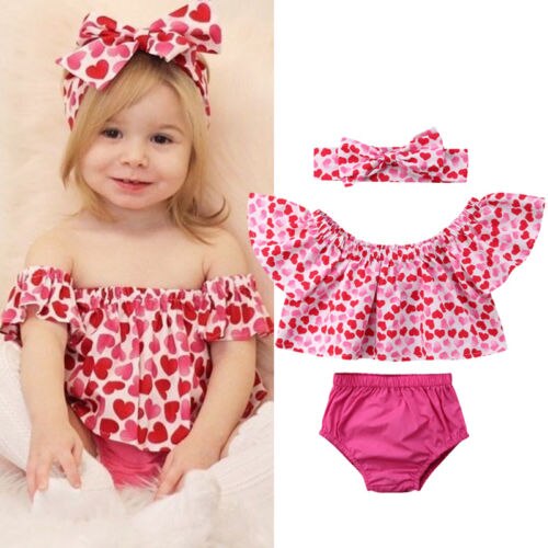 Newborn Toddler Baby Girl Crop Love Off shoulder Tops+Shorts 3PCS Outfit Sunsuit - ebowsos