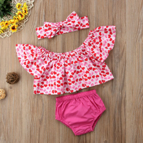 Newborn Toddler Baby Girl Crop Love Off shoulder Tops+Shorts 3PCS Outfit Sunsuit - ebowsos