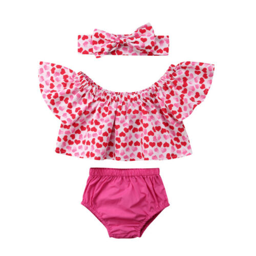 Newborn Toddler Baby Girl Crop Love Off shoulder Tops+Shorts 3PCS Outfit Sunsuit - ebowsos