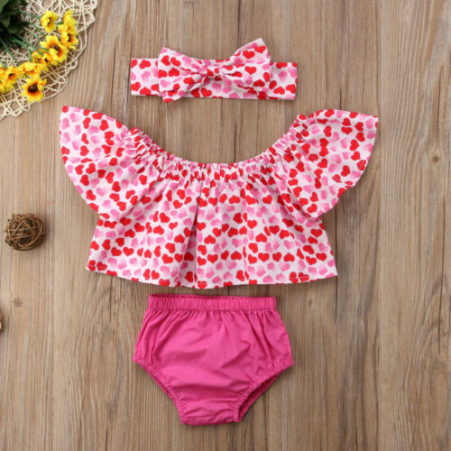 Newborn Toddler Baby Girl Crop Love Off shoulder Tops+Shorts 3PCS Outfit Sunsuit - ebowsos