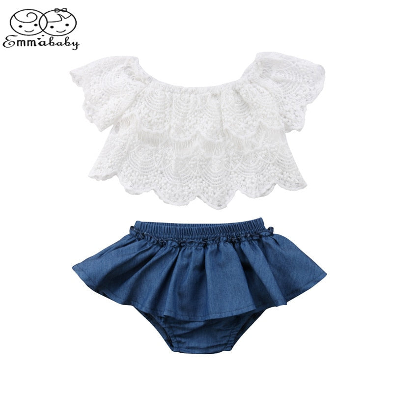 Newborn Toddler Baby Girl Off Shoulder Lace Tops White+Denim Shorts Skirted Bloomers 2PCS Outfits Summer Clothes Set - ebowsos