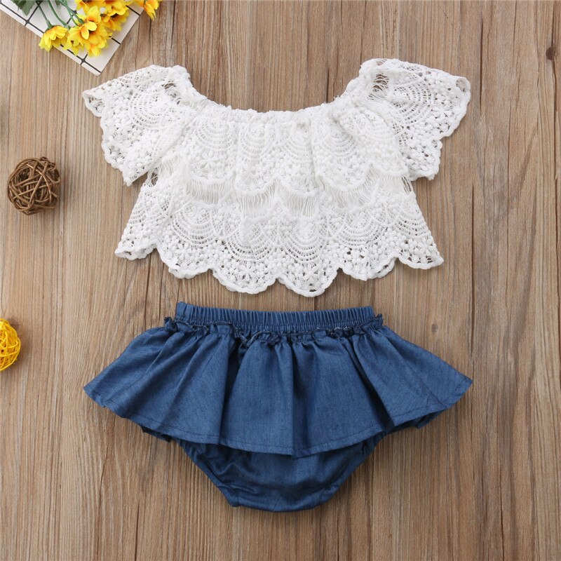 Newborn Toddler Baby Girl Off Shoulder Lace Tops White+Denim Shorts Skirted Bloomers 2PCS Outfits Summer Clothes Set - ebowsos