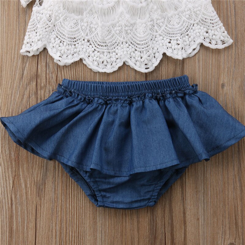 Newborn Toddler Baby Girl Off Shoulder Lace Tops White+Denim Shorts Skirted Bloomers 2PCS Outfits Summer Clothes Set - ebowsos