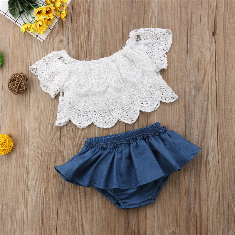 Newborn Toddler Baby Girl Off Shoulder Lace Tops White+Denim Shorts Skirted Bloomers 2PCS Outfits Summer Clothes Set - ebowsos