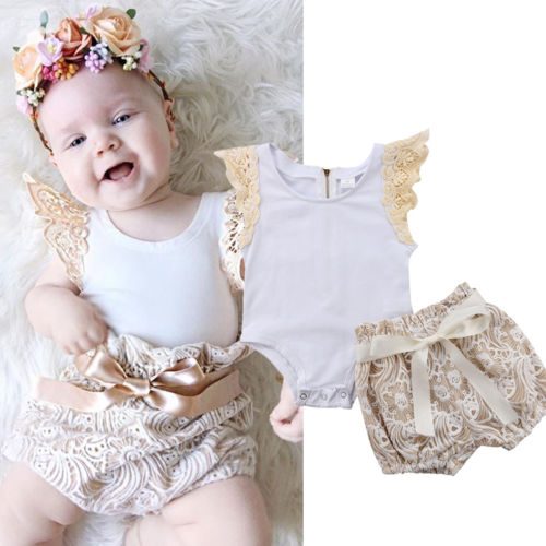 Newborn Toddler Baby Girl Rompers Lace Pants Shorts 2PCS Outfits Set Casual Puff Sleeve Floral Cotton Clothing - ebowsos