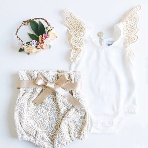 Newborn Toddler Baby Girl Rompers Lace Pants Shorts 2PCS Outfits Set Casual Puff Sleeve Floral Cotton Clothing - ebowsos