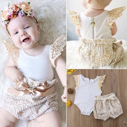 Newborn Toddler Baby Girl Rompers Lace Pants Shorts 2PCS Outfits Set Casual Puff Sleeve Floral Cotton Clothing - ebowsos