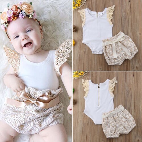 Newborn Toddler Baby Girl Rompers Lace Pants Shorts 2PCS Outfits Set Casual Puff Sleeve Floral Cotton Clothing - ebowsos