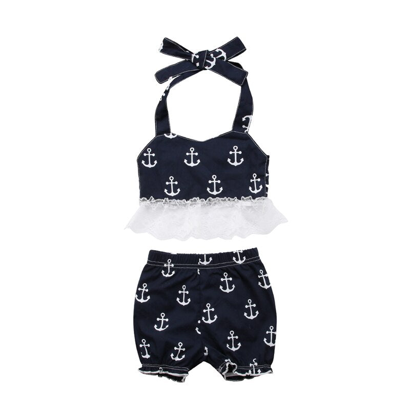 Newborn Toddler Baby Girl Summer Anchor Lace Hanging neck Vest Tops+ lantern Shorts 2pcs Outfits Set Clothes - ebowsos