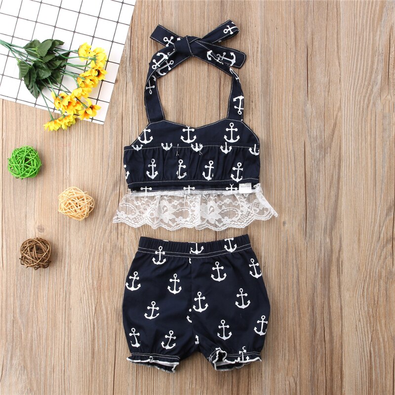 Newborn Toddler Baby Girl Summer Anchor Lace Hanging neck Vest Tops+ lantern Shorts 2pcs Outfits Set Clothes - ebowsos