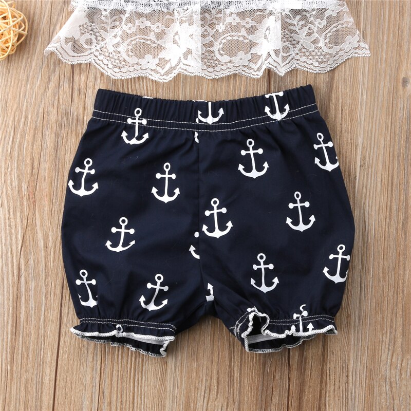 Newborn Toddler Baby Girl Summer Anchor Lace Hanging neck Vest Tops+ lantern Shorts 2pcs Outfits Set Clothes - ebowsos