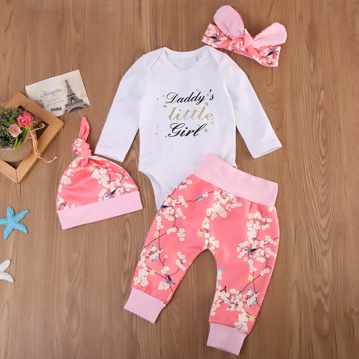 Newborn Toddler Baby Girls Flower Romper Pants Leggings Hat Outfits Set Clothes - ebowsos