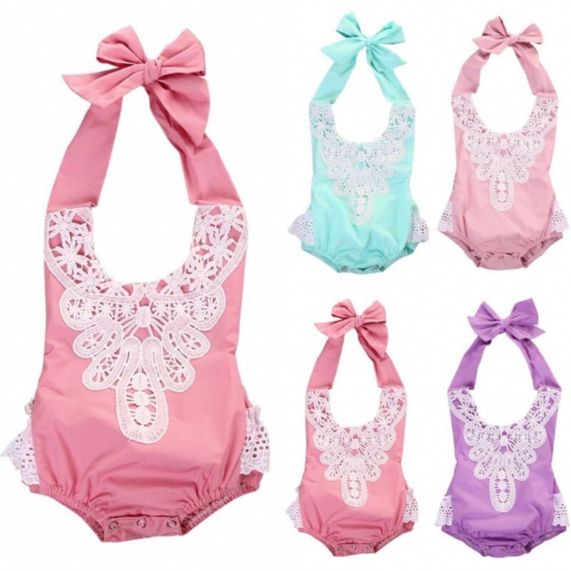 Newborn Toddler Baby Girls Lace Floral Bodysuit Summer Children Clothing Jumpsuit Sunsuit Clothes - ebowsos