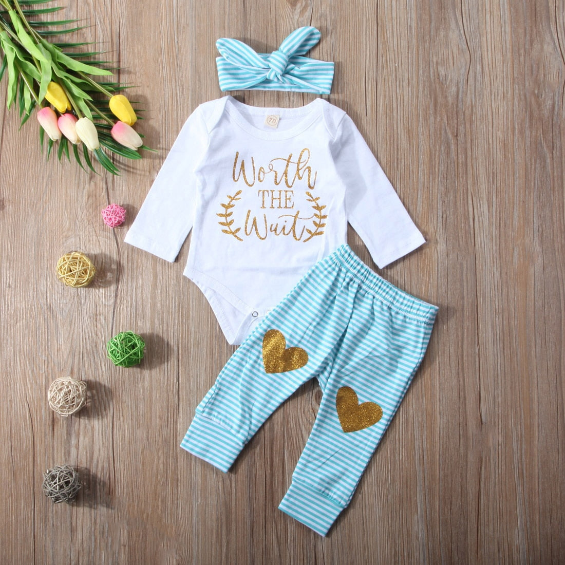 Newborn Toddler Baby Girls Romper Bodysuit+Striped Pants Legging Outfits Clothes set - ebowsos