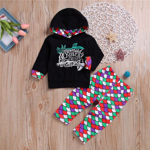 Newborn Toddler Baby Mermaid Girl Floral Hoodies Hooded Tops Pants Outfits+Pants 2pcs Cotton Clothes - ebowsos