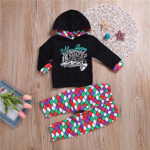 Newborn Toddler Baby Mermaid Girl Floral Hoodies Hooded Tops Pants Outfits+Pants 2pcs Cotton Clothes - ebowsos