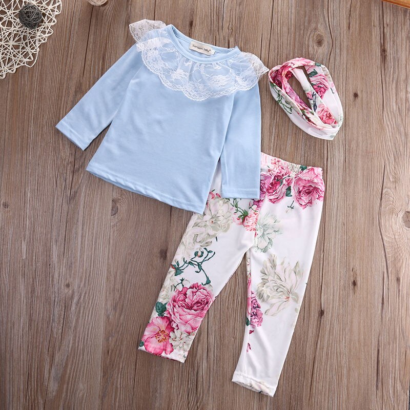 Newborn Toddler Kid Baby Floral 3PCS Girl Tops+Pants+Headband Outfit Clothes Set - ebowsos