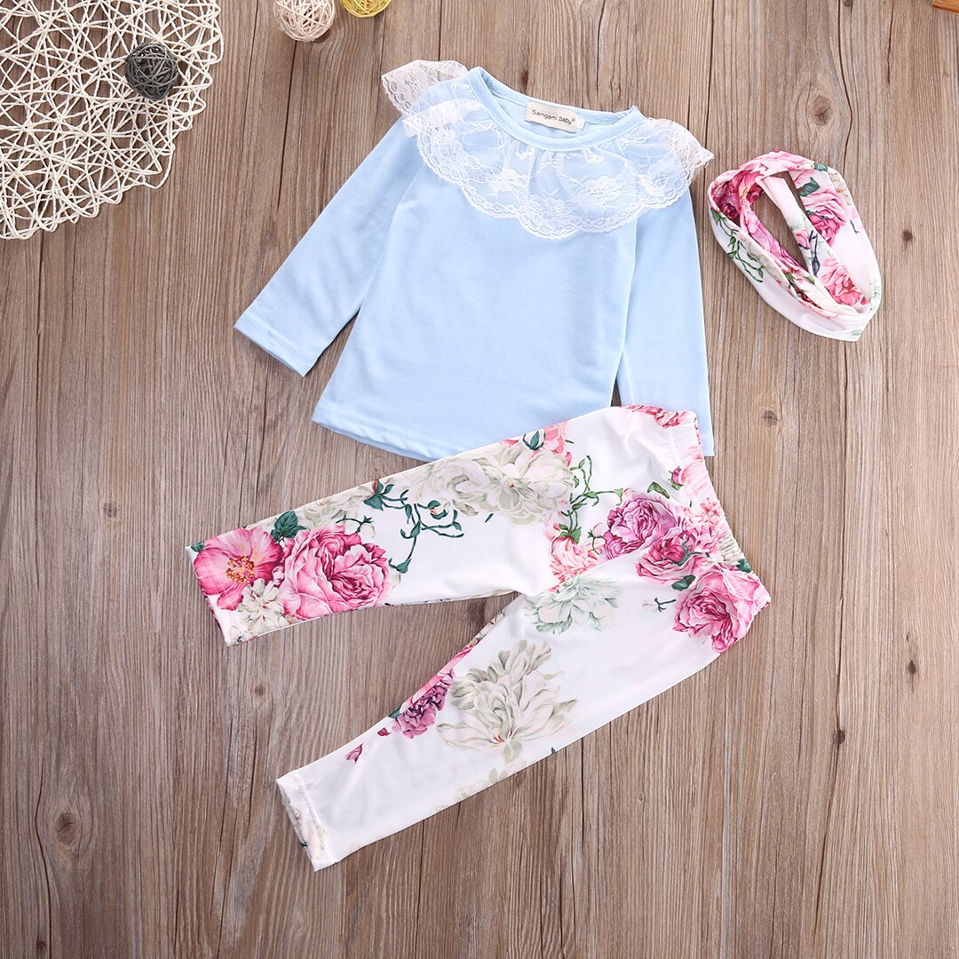 Newborn Toddler Kid Baby Floral 3PCS Girl Tops+Pants+Headband Outfit Clothes Set - ebowsos