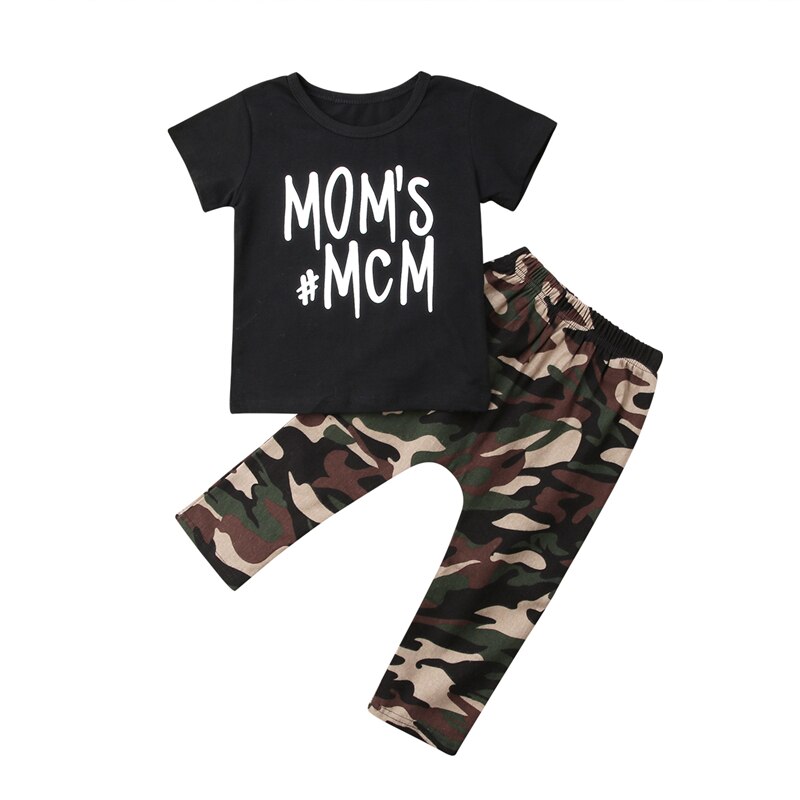 Newborn Toddler Kids Baby Boy Camo Letter Print Short Sleeve T-shirt Tops+Camo Long Pants Leggings 2Pcs Outfits Clothes - ebowsos