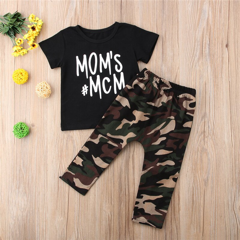 Newborn Toddler Kids Baby Boy Camo Letter Print Short Sleeve T-shirt Tops+Camo Long Pants Leggings 2Pcs Outfits Clothes - ebowsos