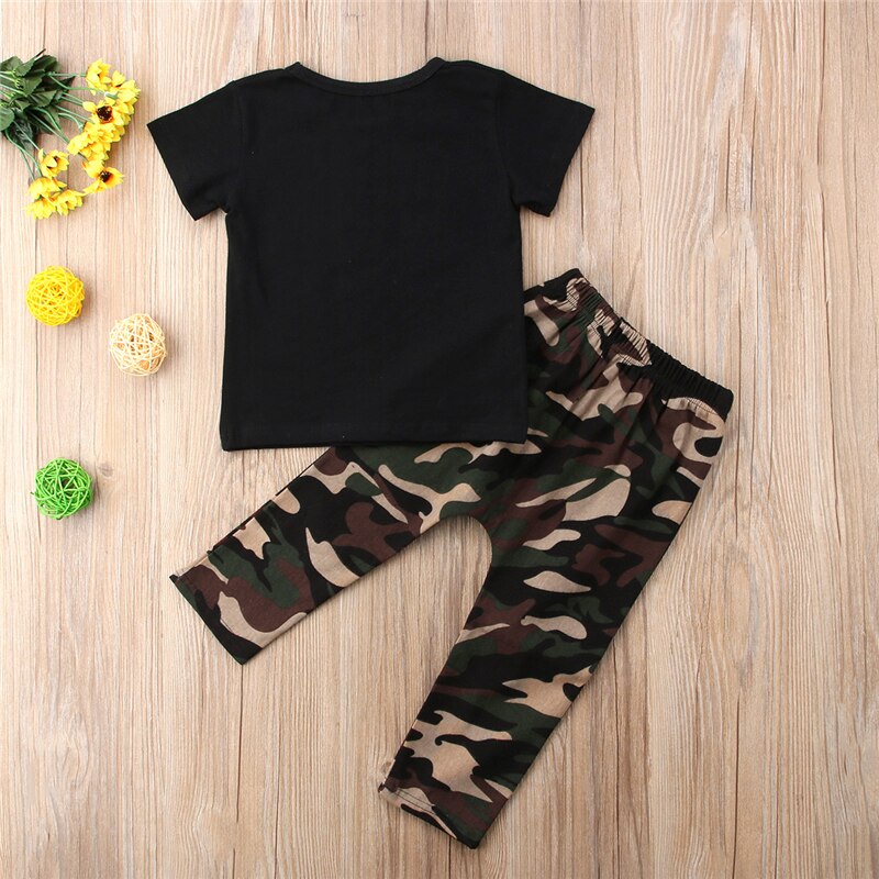 Newborn Toddler Kids Baby Boy Camo Letter Print Short Sleeve T-shirt Tops+Camo Long Pants Leggings 2Pcs Outfits Clothes - ebowsos