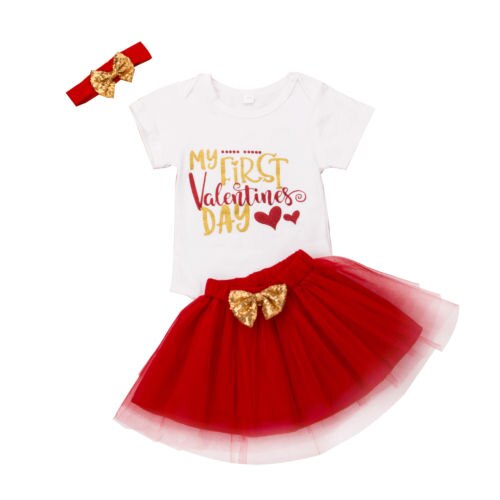 Newborn baby girl clothes valentines outfit short sleeve cotton romper top + tulle tutu skirt infant girl clothing set - ebowsos