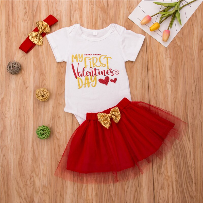 Newborn baby girl clothes valentines outfit short sleeve cotton romper top + tulle tutu skirt infant girl clothing set - ebowsos