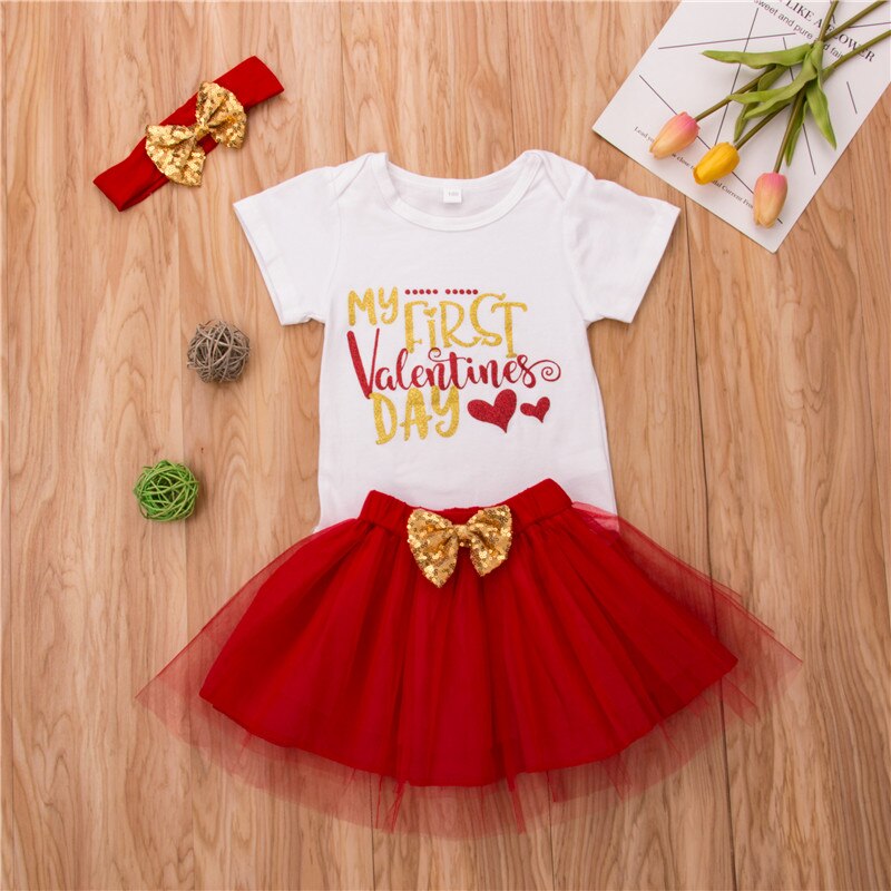 Newborn baby girl clothes valentines outfit short sleeve cotton romper top + tulle tutu skirt infant girl clothing set - ebowsos