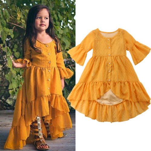 Newest Kids Girl Lace Flower Ruffles Dress Maxi Long Princess Party Gown Flare Sleeve pop Dresses - ebowsos