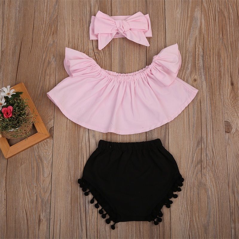 Newest Toddler Baby Girl  Pink Off Shoulder Ruffle Top Black Shorts Pants Bow Headband 3PCS Outfit Clothes Set - ebowsos