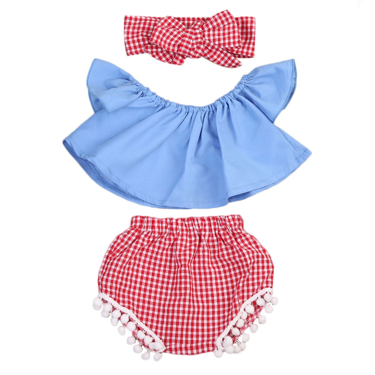 Newest Toddler Baby Girl  Pink Off Shoulder Ruffle Top Black Shorts Pants Bow Headband 3PCS Outfit Clothes Set - ebowsos