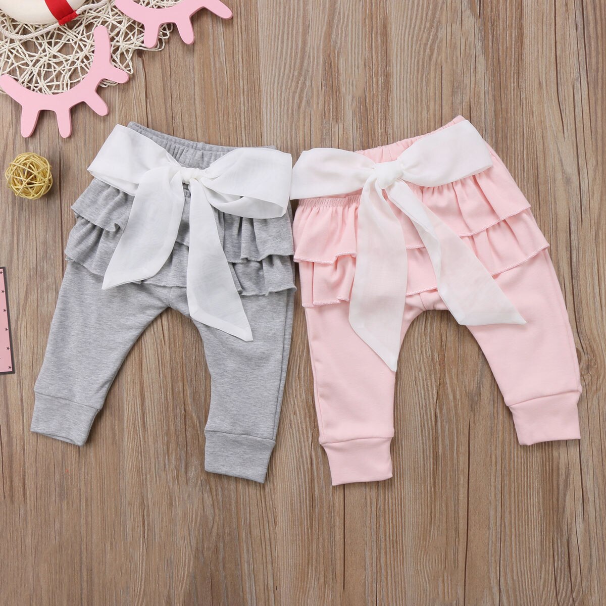 Nice Infant Baby Girls Long Trousers Cotton Lace Bowknot Pants Casual Bottoms Pant Pink Gray - ebowsos