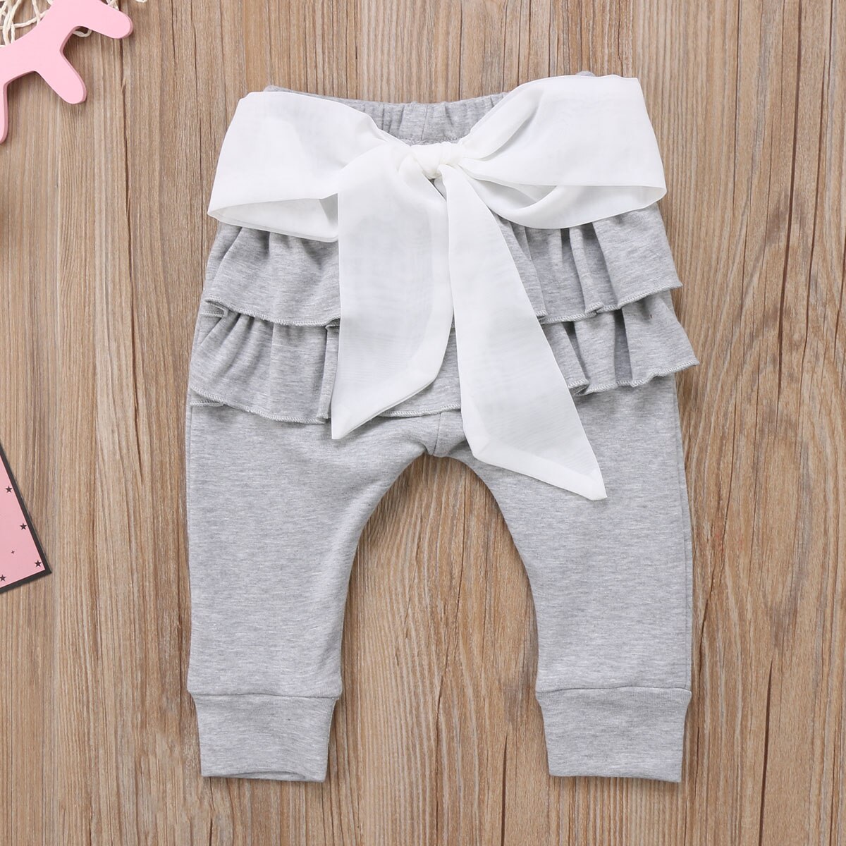 Nice Infant Baby Girls Long Trousers Cotton Lace Bowknot Pants Casual Bottoms Pant Pink Gray - ebowsos